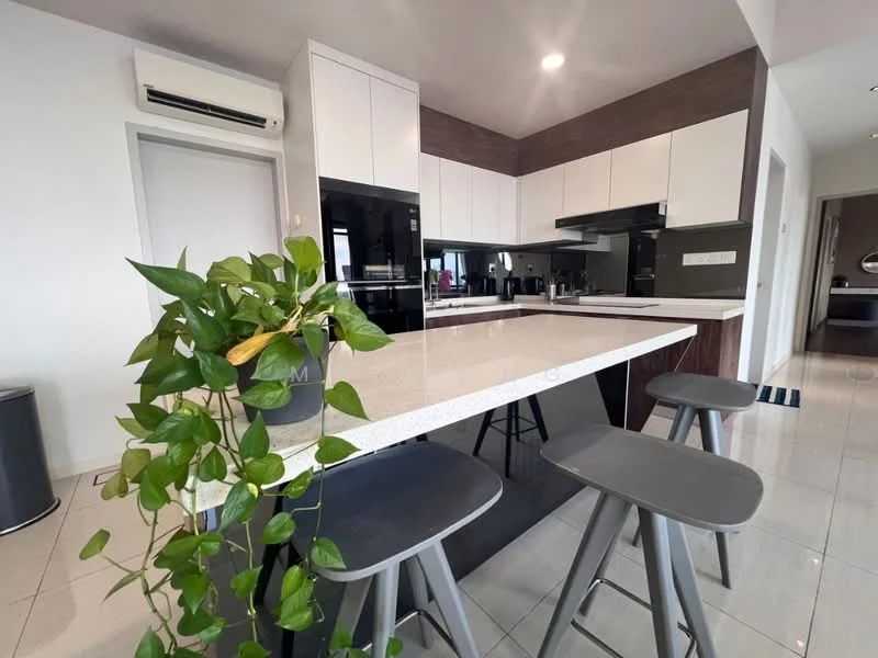 Kitchen features: white cabinetry with flat-panel doors, black countertop, stainless-steel appliances, built-in oven, stainless-steel range hood, 4-burner gas hob, single-bowl stainless-steel sink, chrome pull-down faucet, island with seating for 3, white tiled flooring, wall-mounted split AC, decorative houseplant; style: modern.