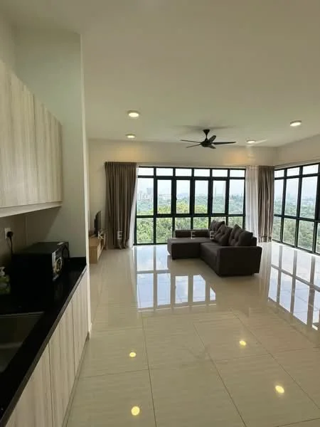 Living features: 3-seater fabric sofa in brown, coffee table, TV console, wall-mounted TV, floor-to-ceiling windows, curtains in beige, recessed LED downlights, 5-blade ceiling fan with light, glossy tile flooring, open layout to kitchen, view of greenery; style: modern; view: garden. Kitchen features: laminate cabinetry in light wood, black countertop, microwave, sink, stainless-steel faucet; style: modern.