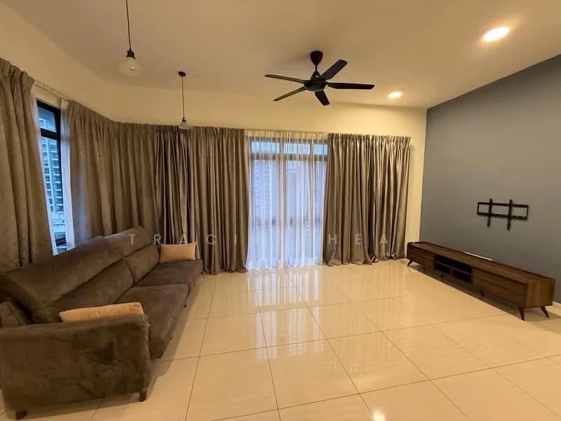 Living features: 3-seater fabric sofa in brown, floor-to-ceiling windows, sheer curtains, dark wood TV console, wall-mounted TV bracket, recessed downlights, 5-blade ceiling fan, glossy tile flooring, accent wall in blue, curtains in light grey; style: modern; view: city.
