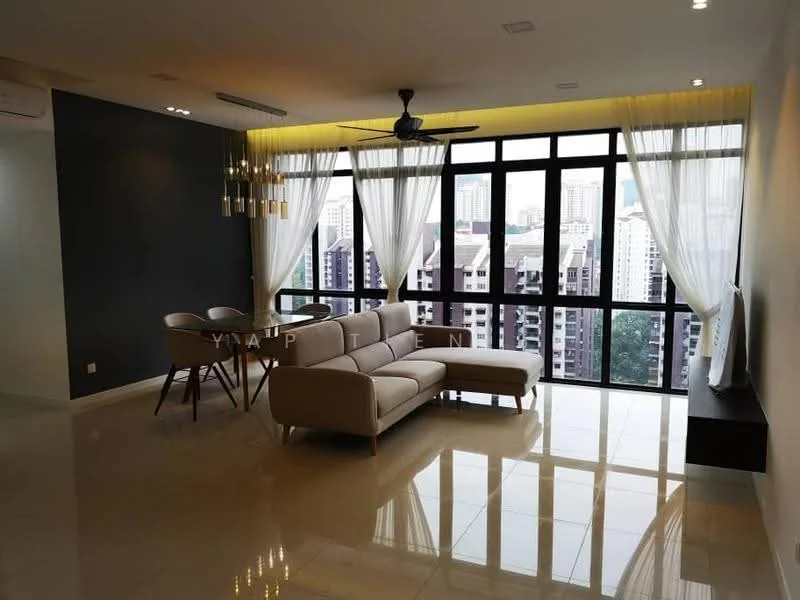 Living features: 3-seater fabric sofa in beige, coffee table, wall-mounted TV, floor-to-ceiling windows, sheer curtains, 5-blade ceiling fan with light, recessed downlights, polished ceramic tile flooring, feature wall in dark grey, decorative wall panel, open layout, city view; style: modern; view: city.