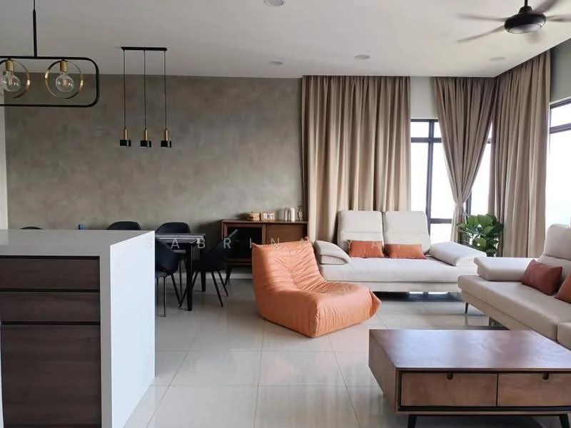 Living features: light grey painted walls, cream tiled flooring, floor-to-ceiling windows, sheer curtains, 5-blade ceiling fan, L-shape sectional sofa in cream, orange bean bag chair, wood coffee table, black dining table with chairs, decorative plants; style: modern; view: city. Kitchen features: white cabinetry, kitchen island with countertop, stainless-steel appliances; style: modern.