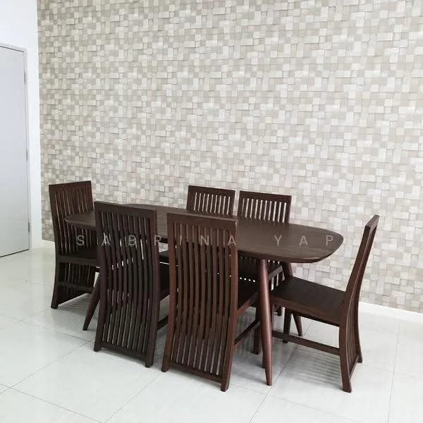 Dining features: oval wooden dining table, 6 wooden dining chairs, light-colored tiled flooring, textured feature wall with square tiles in beige and cream, white painted walls, minimalist design, natural wood finish, spacious layout; style: modern.