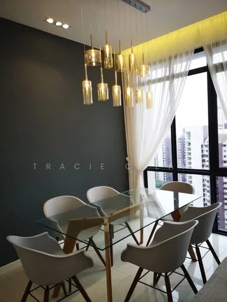 Dining features: glass dining table, 4 white upholstered dining chairs, gold pendant lighting, grey accent wall, floor-to-ceiling windows, sheer curtains, city view; style: modern; view: city.
