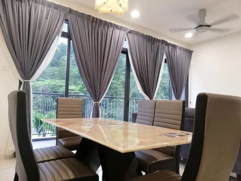 Dining features: marble dining table, 6 upholstered dining chairs, floor-to-ceiling windows, grey sheer curtains, dark grey blackout curtains, ceiling fan, recessed downlights, view of greenery; style: modern; view: garden.