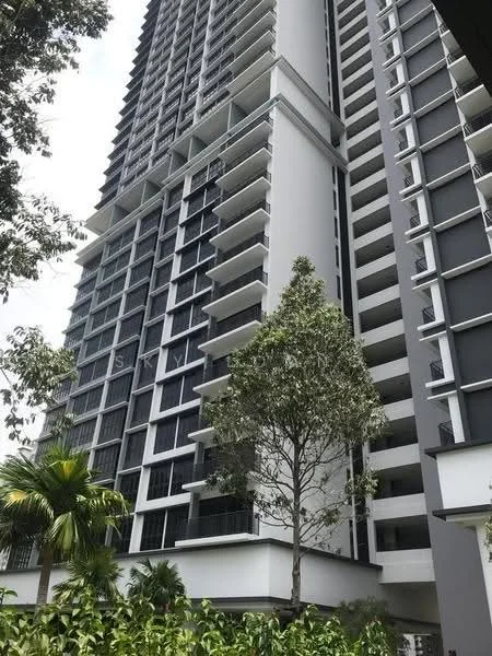 Exterior type: high-rise condominium; features: glass curtain wall, white painted facade, grey accent panels, recessed balconies, approximately 20-storey high-rise, manicured landscaping, mature trees, surrounded by greenery; style: modern.