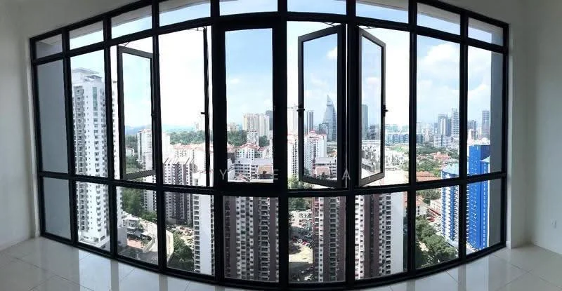 Room features: floor-to-ceiling windows, black window frames, city skyline view, white walls, light-colored flooring, open space, natural light, corner unit; style: modern; view: city.