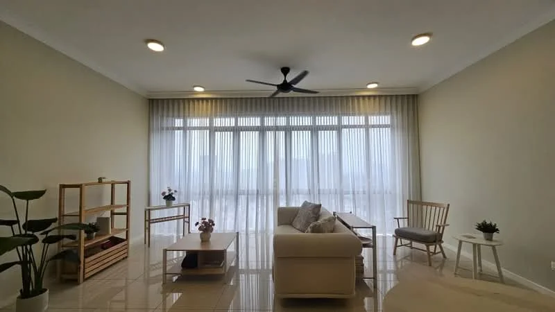 Living features: cream painted walls, glossy tile flooring, 5-blade ceiling fan with light, floor-to-ceiling windows, sheer curtains, light-colored sofa, wooden coffee table, wooden shelving unit, accent chair, decorative plants, small side table; style: modern; view: city.