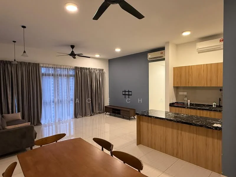 Living features: grey fabric sofa, wooden coffee table, dining table with wooden chairs, kitchen island with black granite countertop, white painted walls, grey accent wall, recessed downlights, 2 ceiling fans, floor-to-ceiling windows with sheer curtains, tile flooring; style: modern; view: city.