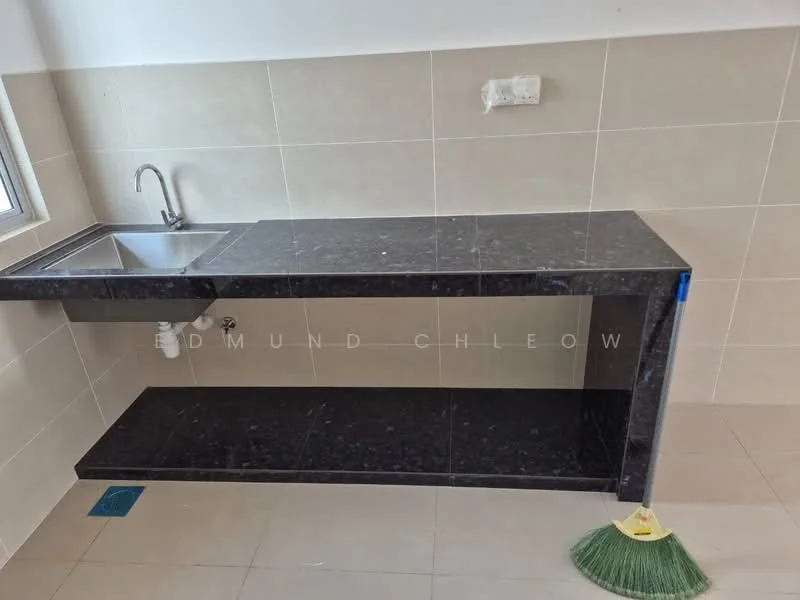 Kitchen features: black granite countertop, single-bowl stainless-steel sink, chrome faucet, wall-mounted electrical outlet, light beige tiled walls, open shelving below countertop, floor-to-ceiling window, broom on the floor; style: modern.