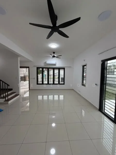 Living features: white painted walls, glossy ceramic tile flooring, 5-blade ceiling fan with light, recessed downlights, floor-to-ceiling windows, sliding glass door, black window frames, staircase with wooden steps, air conditioning unit; style: modern; view: garden.