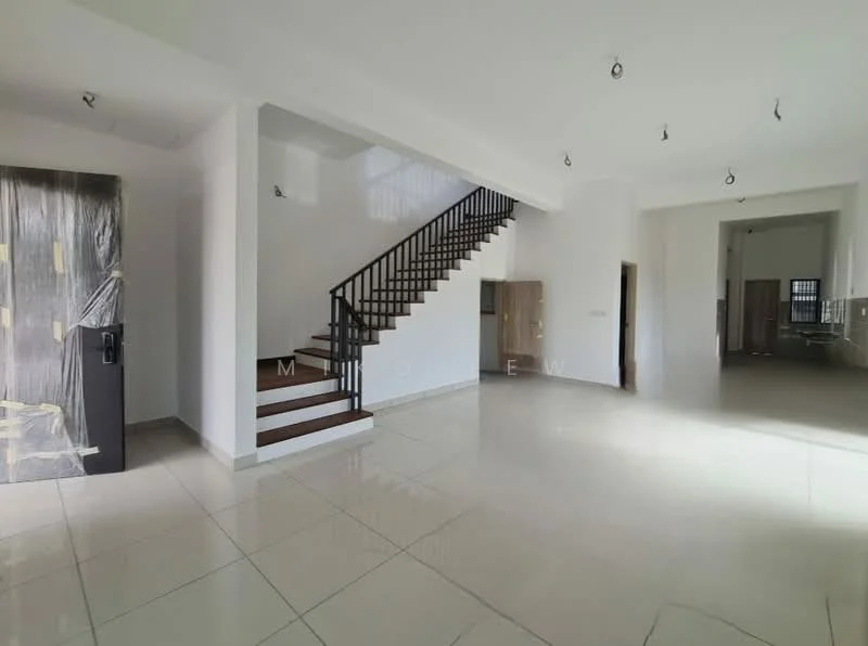 Room features: white painted walls, polished tile flooring, staircase with wooden steps, recessed downlights, large windows allowing natural light, open layout, door with plastic wrap, high ceiling; style: modern.