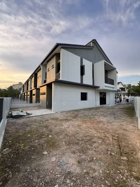 Exterior type: linked terrace house; features: white painted facade, grey accent wall, projecting balconies, flat roof, 2-storey building, manicured lawn, surrounded by mature greenery, driveway with interlocking pavers; style: modern.