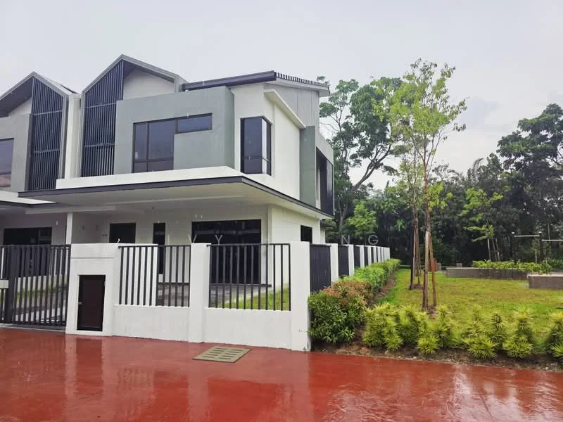 Exterior type: semi-detached house; features: white painted facade, grey accent wall, large windows, recessed balconies, flat roof, manicured lawn, tropical landscaping, paved driveway, fenced perimeter, surrounded by greenery; style: modern.