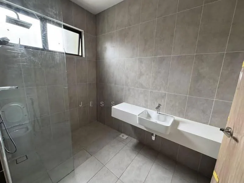 Bathroom features: grey tiled walls, light grey tiled flooring, walk-in shower with glass enclosure, single-bowl ceramic sink, wall-mounted faucet, floating vanity, window for natural light, toilet area, minimalist design; style: modern.