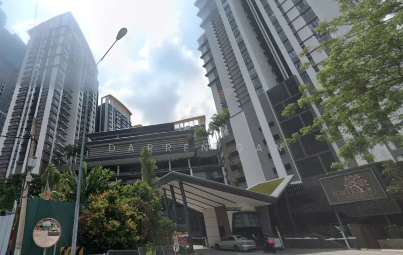 Exterior type: high-rise condominium; features: glass curtain wall, white painted facade, projecting balconies, landscaped garden at entrance, multi-storey car park, double-volume main lobby, surrounded by mature greenery; style: modern.
