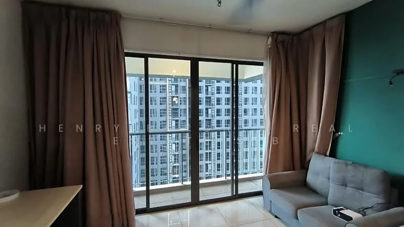 Living features: floor-to-ceiling windows, grey fabric sofa, curtains in beige, light-colored wall, dark green accent wall, tile flooring, ceiling fan, coffee table, decorative wall, view of city skyline; style: modern; view: city.