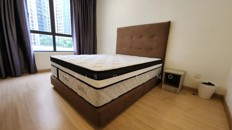 Bedroom features: queen-size bed with upholstered headboard, light wood flooring, floor-to-ceiling window, dark curtains, nightstand, decorative plant pot; style: modern; view: city.