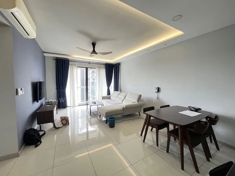 Living features: white leather sofa, 3-seater sofa, coffee table, wall-mounted TV, TV console, dining table with 4 chairs, ceiling fan with light, recessed LED downlights, sliding glass door, floor-to-ceiling windows, curtains in dark blue, glossy white tile flooring, grey accent wall; style: modern; view: city.