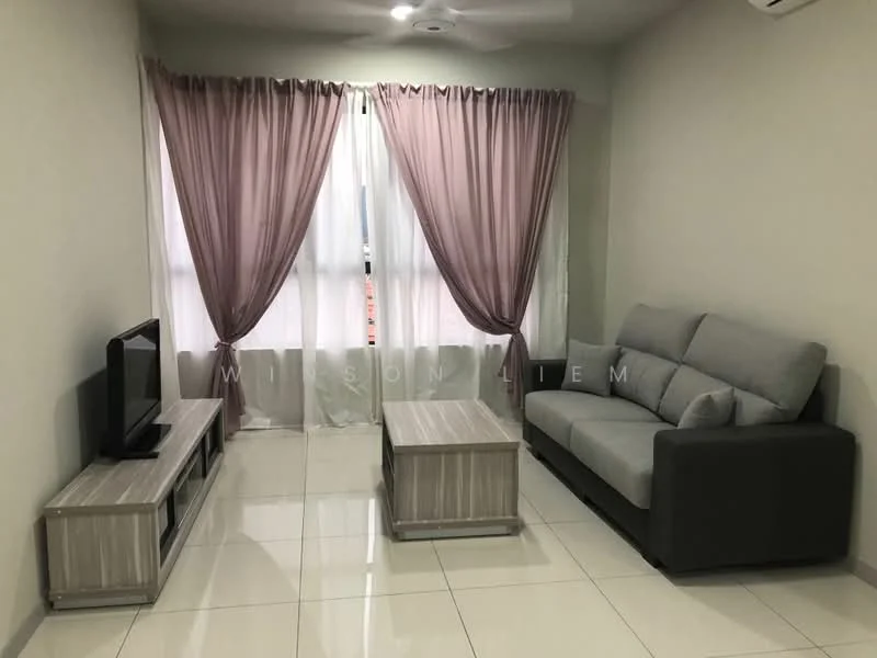 Living features: 3-seater fabric sofa in grey, coffee table, TV console, wall-mounted TV, floor-to-ceiling windows, sheer curtains in light pink, recessed downlights, polished ceramic tile flooring, air conditioning unit, decorative wall with light paint; style: modern.