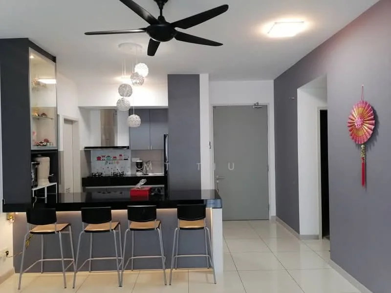 Kitchen features: black granite countertop, kitchen island with seating for 4, stainless-steel sink, chrome pull-down faucet, built-in oven, freestanding range oven, white cabinetry, glass display cabinets, pendant lighting, 5-blade ceiling fan, white tiled flooring, grey accent wall, open layout to living area; style: modern. Room features: white walls, doorway leading to hallway, decorative wall hanging.