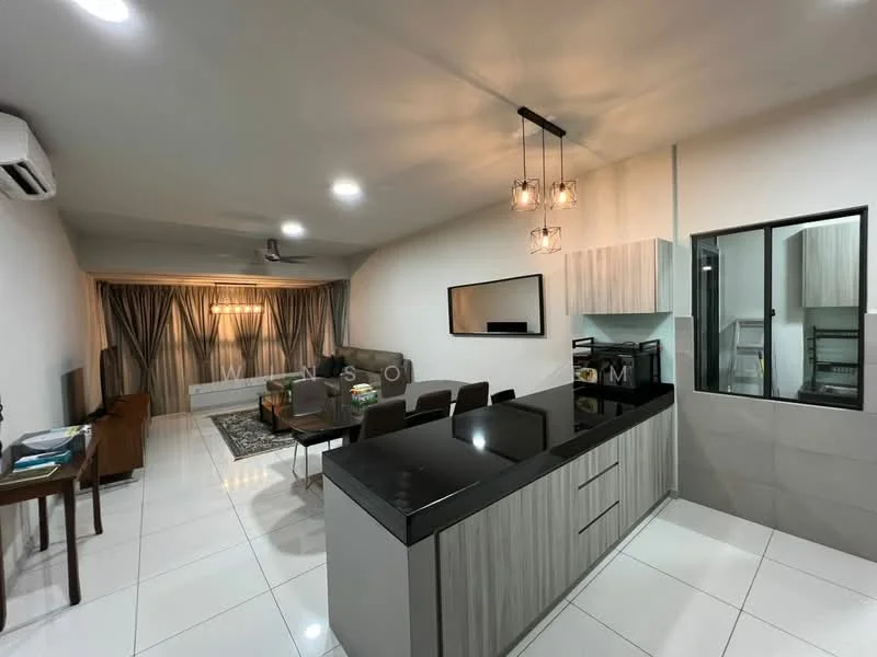 Living features: white painted walls, glossy white tile flooring, 5-blade ceiling fan with light, recessed downlights, L-shape sectional sofa in grey, coffee table, TV console, wall-mounted TV, area rug with geometric pattern, dining table with chairs, kitchen island with black countertop, pendant lighting over kitchen island, open kitchen layout, large window with sheer curtains; style: modern. Kitchen features: black granite countertop, wood cabinetry, stainless-steel sink, built-in oven, microwave, refrigerator, kitchen island; style: modern.