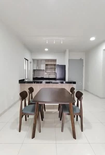 Dining features: wooden dining table, 4 wooden dining chairs with upholstered seats, white walls, tile flooring, recessed downlights, open-plan layout to kitchen, black countertop, kitchen cabinetry in light wood, stainless-steel fridge visible in background; style: modern.