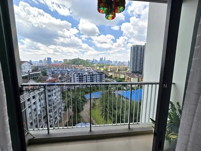 Room features: balcony with railing, city skyline view, mountain view, floor-to-ceiling sliding glass door, decorative pendant light, ceramic tile flooring, greenery visible from balcony; style: modern; view: city.