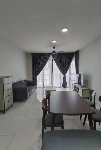 Living features: 3-seater fabric sofa in grey, ceiling fan, TV console, wall-mounted TV, dining table, 4 dining chairs, floor-to-ceiling windows, sheer curtains, grey accent wall, white walls, polished tile flooring, recessed downlights; style: modern.