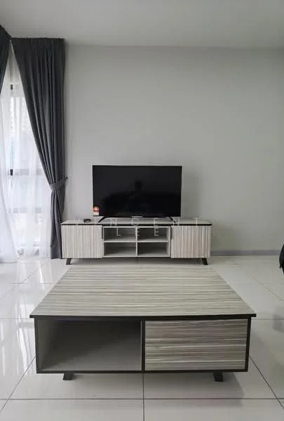 Living features: grey painted walls, white tiled flooring, large flat-screen TV, TV console with storage, coffee table with striped surface, floor-to-ceiling windows, sheer curtains, dark grey curtains, recessed lighting; style: modern.