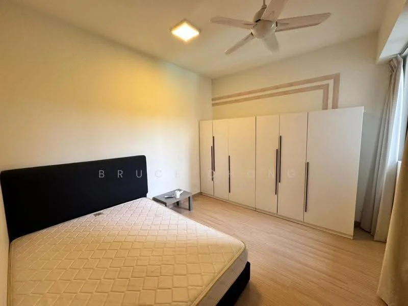 Bedroom features: queen-size bed base without mattress, white built-in wardrobe with sliding doors, light wood flooring, ceiling fan, white painted walls, window with sheer curtains, nightstand, decorative wall design; style: modern.