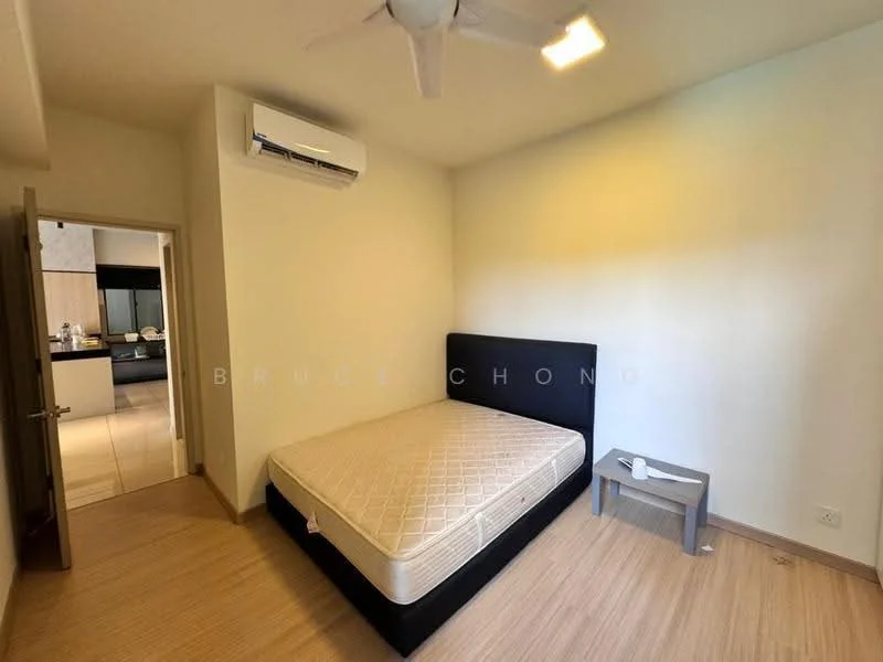 Bedroom features: queen-size bed, wooden flooring, white painted walls, 5-blade ceiling fan, wall-mounted split AC, nightstand, door leading to hallway, natural light from window; style: modern.