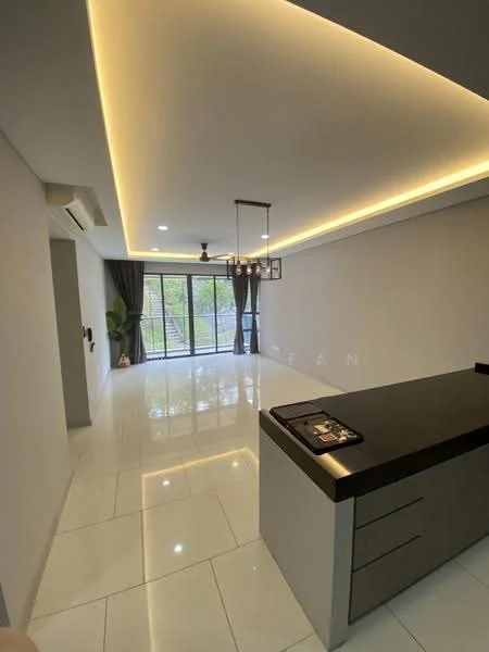 Living features: white painted walls, polished ceramic tile flooring, tray ceiling with LED strip lighting, 5-blade ceiling fan with light, floor-to-ceiling sliding glass doors, black kitchen island with countertop, recessed downlights, potted plant; style: modern; view: garden.