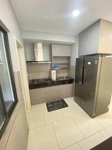 Kitchen features: grey cabinetry, black countertop, stainless-steel fridge, built-in oven, ceramic tile flooring, white walls, recessed downlights, single-bowl stainless-steel sink, chrome pull-down faucet, open shelving, kitchen mat; style: modern.