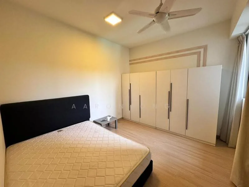 Bedroom features: queen-size bed frame without mattress, white built-in wardrobe with sliding doors, light wood flooring, white painted walls, ceiling fan with light, window with sheer curtains, nightstand, decorative wall design; style: modern.