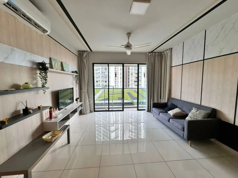 Living features: grey fabric sofa, flat-panel TV console, wall-mounted TV, floating shelves, decorative plants, large sliding glass door, floor-to-ceiling windows, curtains, white tiled flooring, ceiling fan with light, accent wall with wood and marble design; style: modern; view: city.