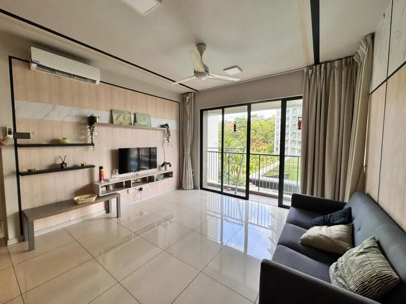 Living features: grey fabric sofa, coffee table, wall-mounted TV, floating TV console, decorative shelving, floor-to-ceiling windows, sliding glass door, curtains, recessed downlights, ceiling fan, white painted walls, glossy tile flooring; style: modern; view: garden.