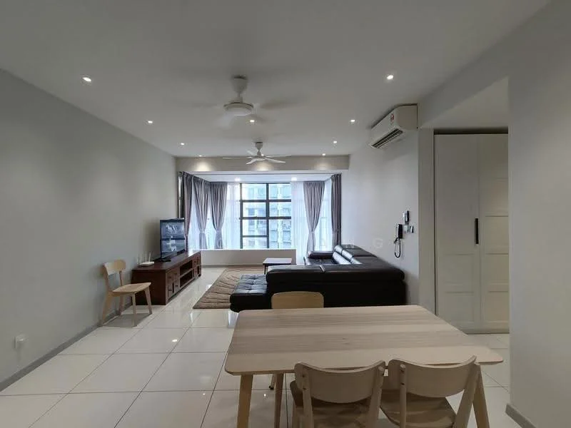 Living features: white painted walls, polished ceramic tile flooring, 5-blade ceiling fan with light, recessed downlights, floor-to-ceiling windows, sheer curtains, dark leather sectional sofa, wooden coffee table, TV console, wall-mounted TV, area rug, dining table with wooden chairs; style: modern; view: city.