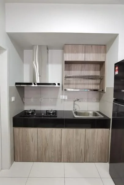 Kitchen features: black granite countertop, wood cabinetry with light wood finish, stainless-steel range hood, built-in gas hob with two burners, single-bowl stainless-steel sink, open shelving above countertop, white tiled backsplash, white tiled flooring; style: modern.