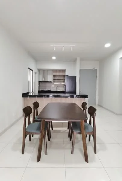 Dining features: wooden dining table, 4 wooden dining chairs with upholstered seats, white painted walls, tile flooring, recessed downlights, open-plan layout to kitchen, black countertop, stainless-steel fridge, wood cabinetry, kitchen island, neutral color scheme; style: modern.