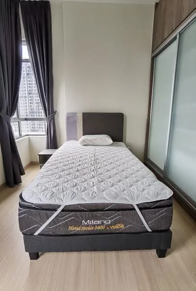 Bedroom features: queen-size bed, upholstered headboard, nightstand, floor-to-ceiling windows, grey curtains, wooden flooring, built-in wardrobe with sliding doors, mattress, decorative wall paneling; style: modern; view: city.