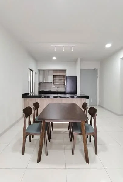 Dining features: rectangular wooden dining table, 4 wooden dining chairs with upholstered seats, white painted walls, tile flooring, recessed downlights, open layout to kitchen, large window for natural light, grey cabinetry in kitchen area, stainless-steel fridge visible in background, kitchen island or counter visible in background; style: modern.