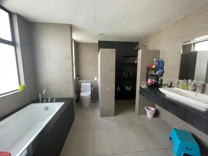 Bathroom features: freestanding bathtub, built-in shower with glass enclosure, single-sink vanity with dark wood cabinet, large mirror above vanity, white toilet, grey tiled walls, light grey floor tiles, window for natural light, shelf with toiletries, pink waste bin, blue step stool; style: modern.