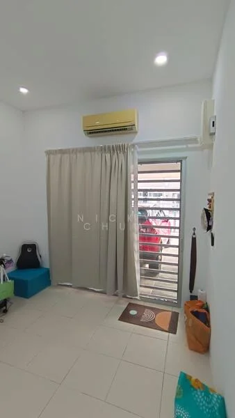 Room features: white painted walls, tile flooring, 1 wall-mounted split AC, curtains, sliding window, door mat, small storage boxes, green chair; style: modern.