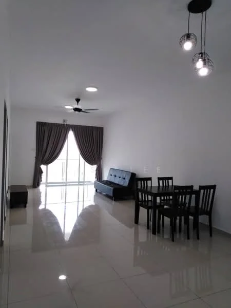 Living features: white painted walls, glossy tile flooring, 5-blade ceiling fan, 3 pendant lights, sofa bed in black, dining table with 4 chairs, floor-to-ceiling windows, curtains in grey; style: modern.