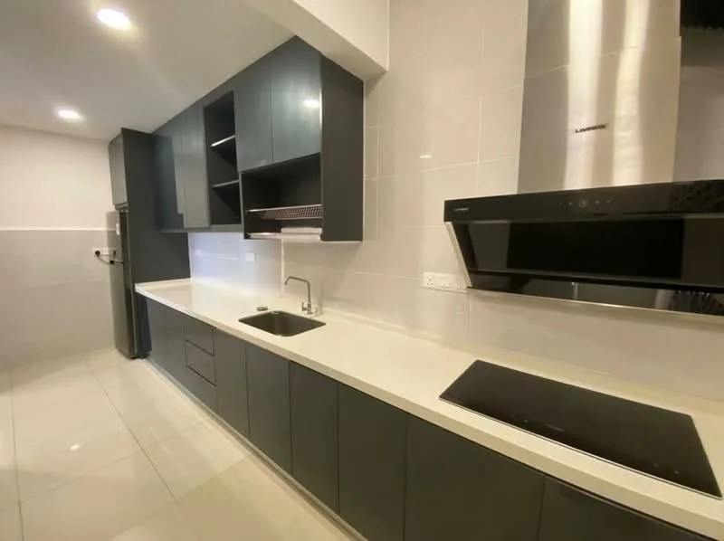 Kitchen features: grey cabinetry, white countertop, single-bowl stainless-steel sink, chrome pull-down faucet, built-in oven, stainless-steel range hood, 4-zone induction hob, ceramic tile flooring, white tiled backsplash, open shelving, refrigerator, wall-mounted cabinets; style: modern.