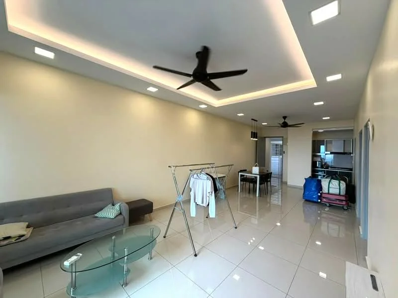 Living features: grey fabric sofa, glass coffee table, white painted walls, polished ceramic tile flooring, recessed LED downlights, 5-blade ceiling fan, clothes drying rack, dining table, open kitchen area visible in background, two ceiling fans; style: modern.