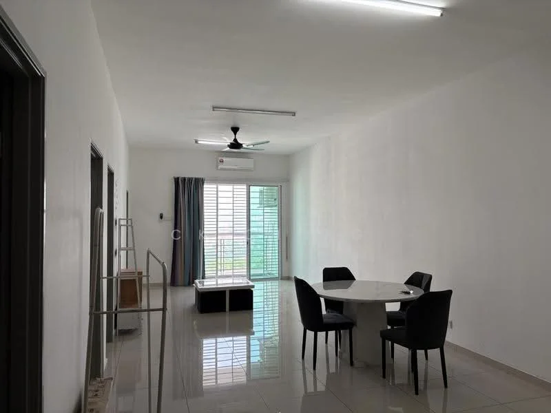 Living features: white painted walls, glossy tile flooring, 5-blade ceiling fan with light, floor-to-ceiling sliding glass door, curtains, dining table with round marble top, 4 upholstered dining chairs in black, air conditioning unit on wall, coffee table, open layout; style: modern; view: garden.