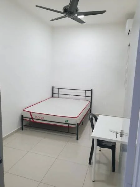 Bedroom features: white painted walls, tile flooring, king-size bed with black metal frame, mattress with red trim, 5-blade ceiling fan, wall-mounted air conditioning unit, study desk, black chair; style: modern.