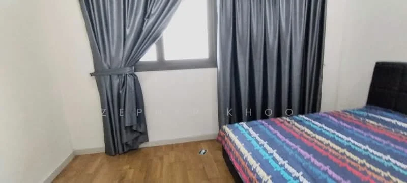 Bedroom features: queen-size bed with patterned bedding, grey curtains, wooden flooring, white painted walls, window with natural light, decorative wall, bedside area with space; style: modern.