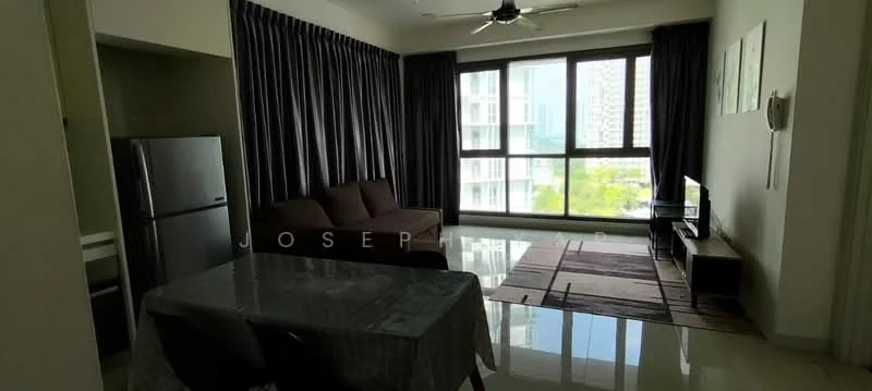 Living features: 3-seater fabric sofa in brown, coffee table, wall-mounted TV, TV console, area rug with geometric pattern, floor-to-ceiling windows, grey curtains, polished tile flooring, ceiling fan with light; style: modern; view: city. Dining features: 4-seater dining table, tablecloth, chairs, refrigerator, open layout; style: modern.